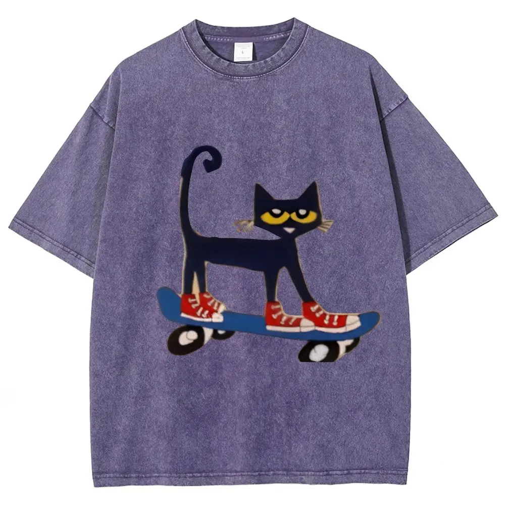 Skateboarding Pete The Cat T-shirt, Unisex Casual Cotton Comfort Shirt, Vintage CrewNeck Acid Washed Oversized Drop Shoulder Heavyweight T-shirt, Baggy Workout Tops Short Sleeve Shirt