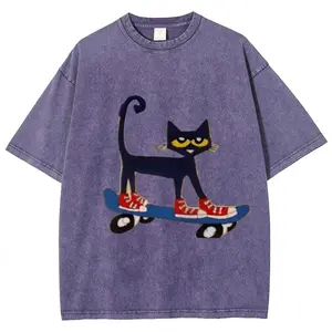 Skateboarding Pete The Cat T-shirt, Unisex Casual Cotton Comfort Shirt, Vintage CrewNeck Acid Washed Oversized Drop Shoulder Heavyweight T-shirt, Baggy Workout Tops Short Sleeve Shirt