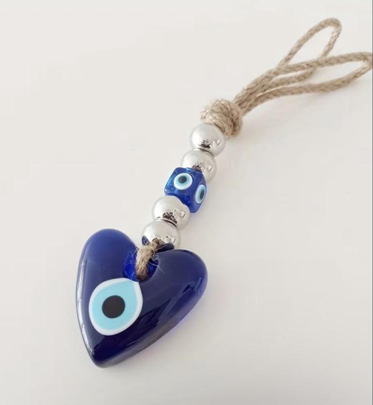 Handmade Heart-Shaped Blue Evil Eye Pendant - Turkish Blue Glass Ornament with Silver Beads - Unique Home Decor, Bag, Car, And Wall Decoration - Thoughtful Gift And Protective Talisman