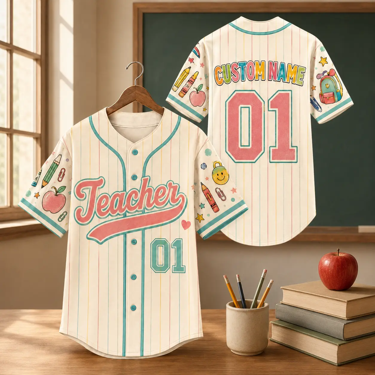 Unisex Customizable Baseball/Softball Teacher Jersey - Personalized Name & Number, Short Sleeve, Relaxed Fit, Breathable Mesh, Fade Resistance, Arched Back, Full Button Down School Spirit Apparel