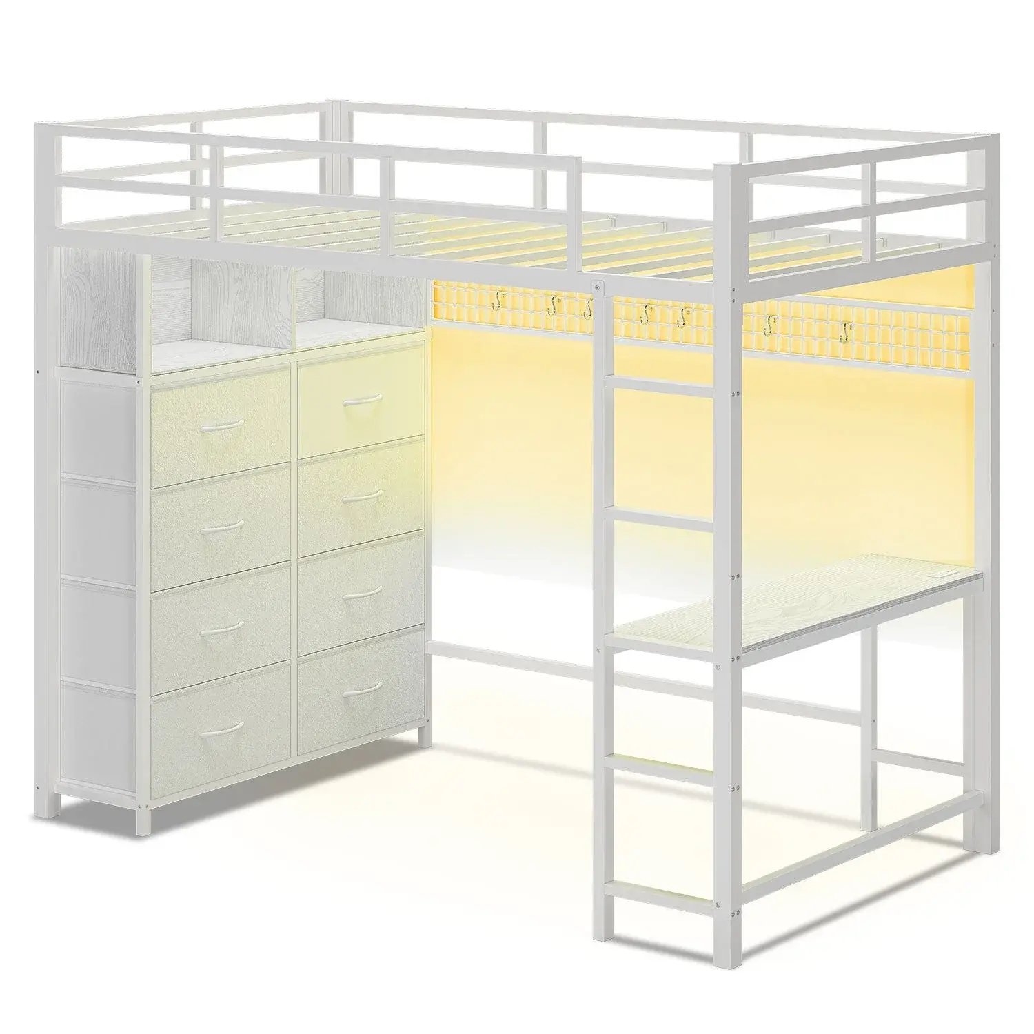 Twin Size LED Loft Bed Frame with Desk and 8 Drawers White,dorm essentials,home decor