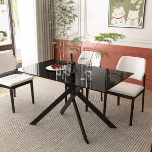 51.18" Rectangular Tempered Glass Dining Table | Modern, Black Metal Legs + Adjustable Feet | for Kitchen/Living/Dining | Black Frame