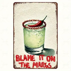 2D Flat Vintage Blame It on the Margs Metal Sign Humorous Margarita Cocktail Wall Art with Chili Pepper Design Durable Iron Retro Decor for Home Bar Office Kitchen Indoor Outdoor Gift for Cocktail Lovers