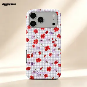 Darlingcase Floral Gingham Phone Case for iPhone 17 Pro Max 16 Pro 15/14/13/12 Pro Max -  Preppy Aesthetic Red Purple Wildflower Lavender Plaid Cottagecore, Dual-Layer Shockproof Drop Protection Anti-Scratch Cover, Gift for Girls Women