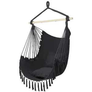 Hammock Chair Hanging Rope Swing Seat-Max 450lbs Capacity, Two Seat Cushion, Beige , Extra Large Macrame Hanging Swing with Side Pocket