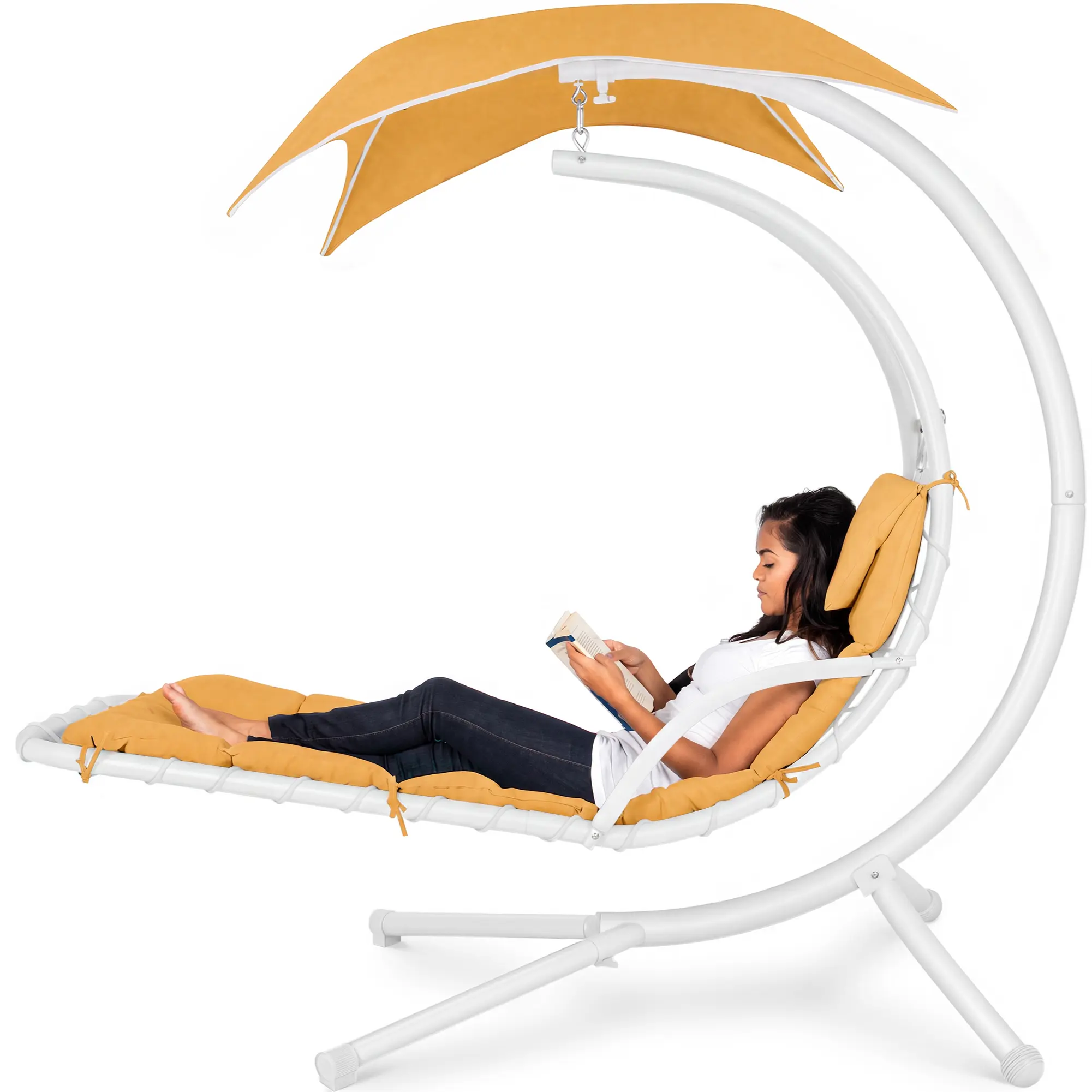 Best Choice Products Hanging Curved Chaise Lounge Chair Swing w/ Pillow, Shade, Stand