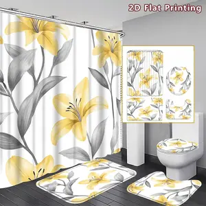 4PCS Yellow Lily Shower Curtain set, Yellow Lily with Grey Leaves Bathroom Decor, Accessories with Bath Mat, U-shaped Mat, Toilet Lid Cover, 12 Hooks 180x180cm Curtain, Floral Enthusiast, Home Decor, bathroom accessories