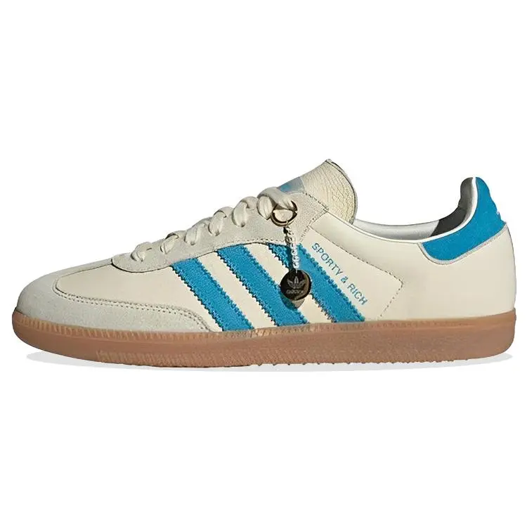 Sporty & Rich x adidas Samba OG Casual Leather Sneaker, Cream Blue Sports Footwear Shoe