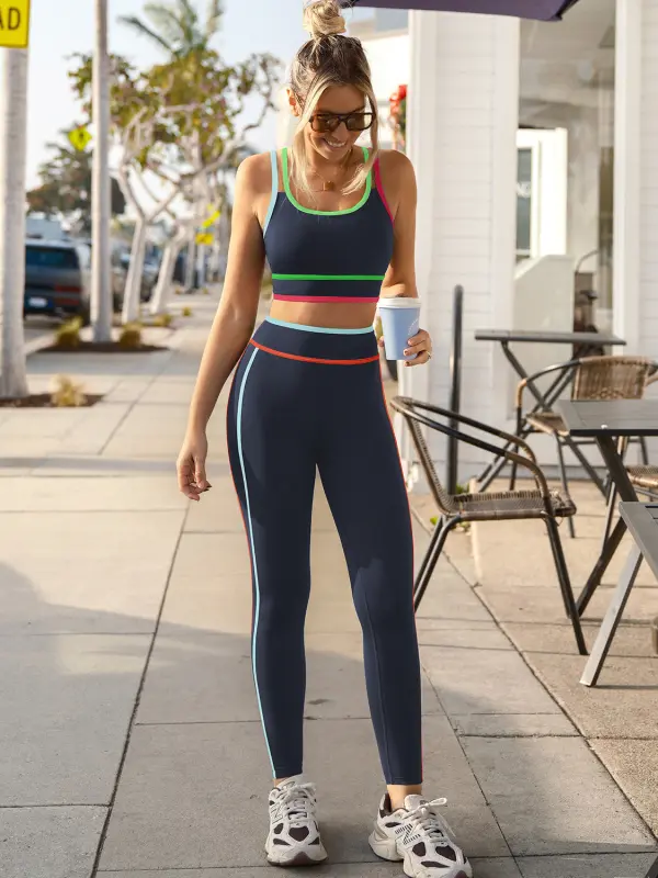 POPVIL ACTIVE Women's 2-Piece Neon Colorblock Female Sports Set - High-Waisted Butt-Lifting Leggings with Side Pockets, Sleeveless Criss-Cross Nylon Blend Sports Bra, Breathable All Seasons Sportswear for Summer 2026 Workouts