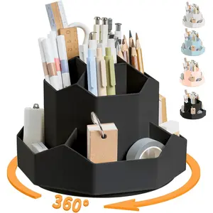 Pencil Pen Holder for Desk,9 Slots 360  Rotating Desk Organizers,Desktop Storage Stationery Supplies Organizer, Cute Pencil Cup Pot For Office, School, (Black)