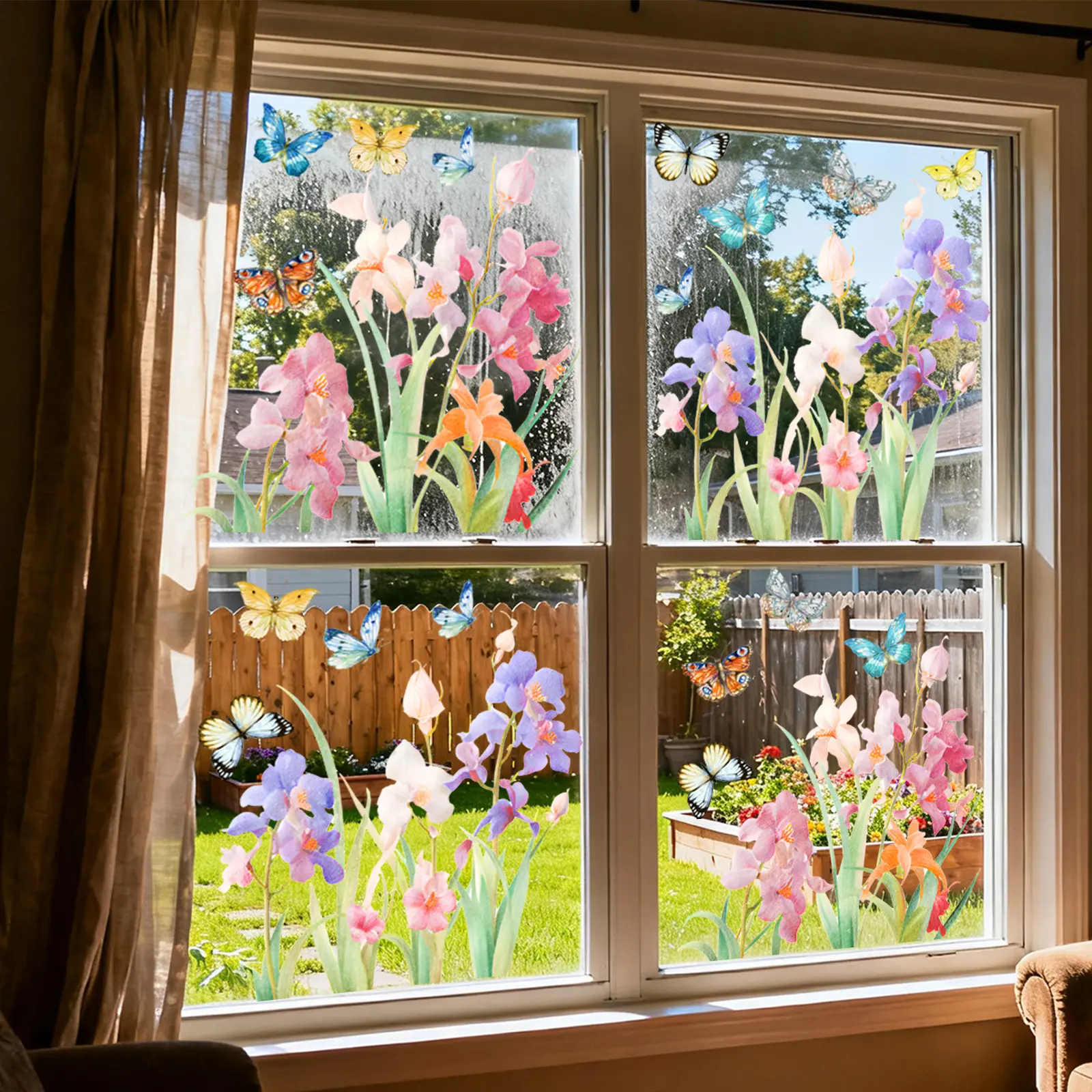A set (30*60cm*2 pieces) of spring pink-purple floral Flower Design and butterfly Decorative window stickers, static adsorption glass window decoration and beautification DJ7043-YC*2