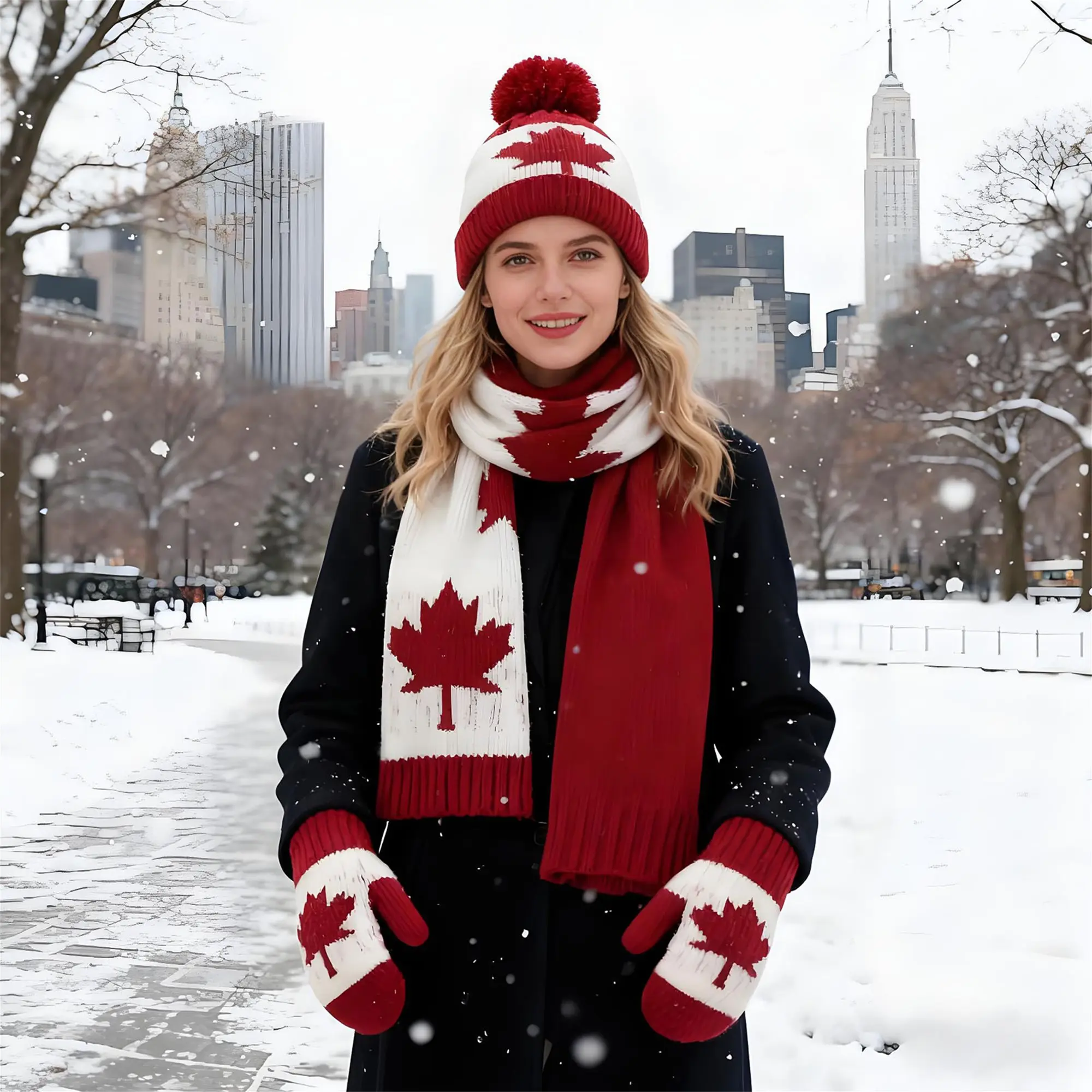 Unisex 3-Pieces Winter Warm Knit Beanie Hat, Scarf and Gloves Set - Casual Fashion Canadian Flag Maple Leaf Pattern, 1 Size (Sports & Outdoor Accessory), Acrylic Fabric, Knit Cap, One Size