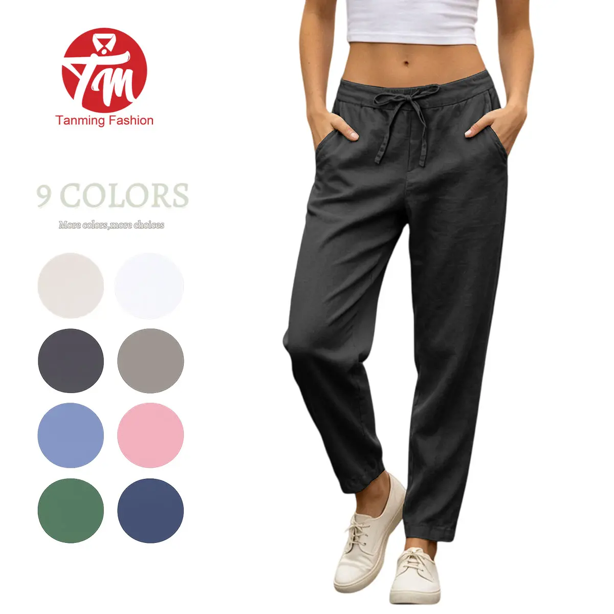 Tanming Women's Linen Pants - Lady's Fitted High-Waisted Drawstring Beach Trousers, Elastic Waist Tapered Bottoms, Basic Style Cotton-Linen Blend Women's Clothes for Casual Wear,summerwins,summeroutfits,vacationoutfits,beachoutfits