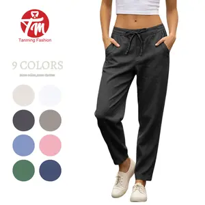 Tanming Women's Linen Pants - Lady's Fitted High-Waisted Drawstring Beach Trousers, Elastic Waist Tapered Bottoms, Basic Style Cotton-Linen Blend Women's Clothes for Casual Wear,summerwins