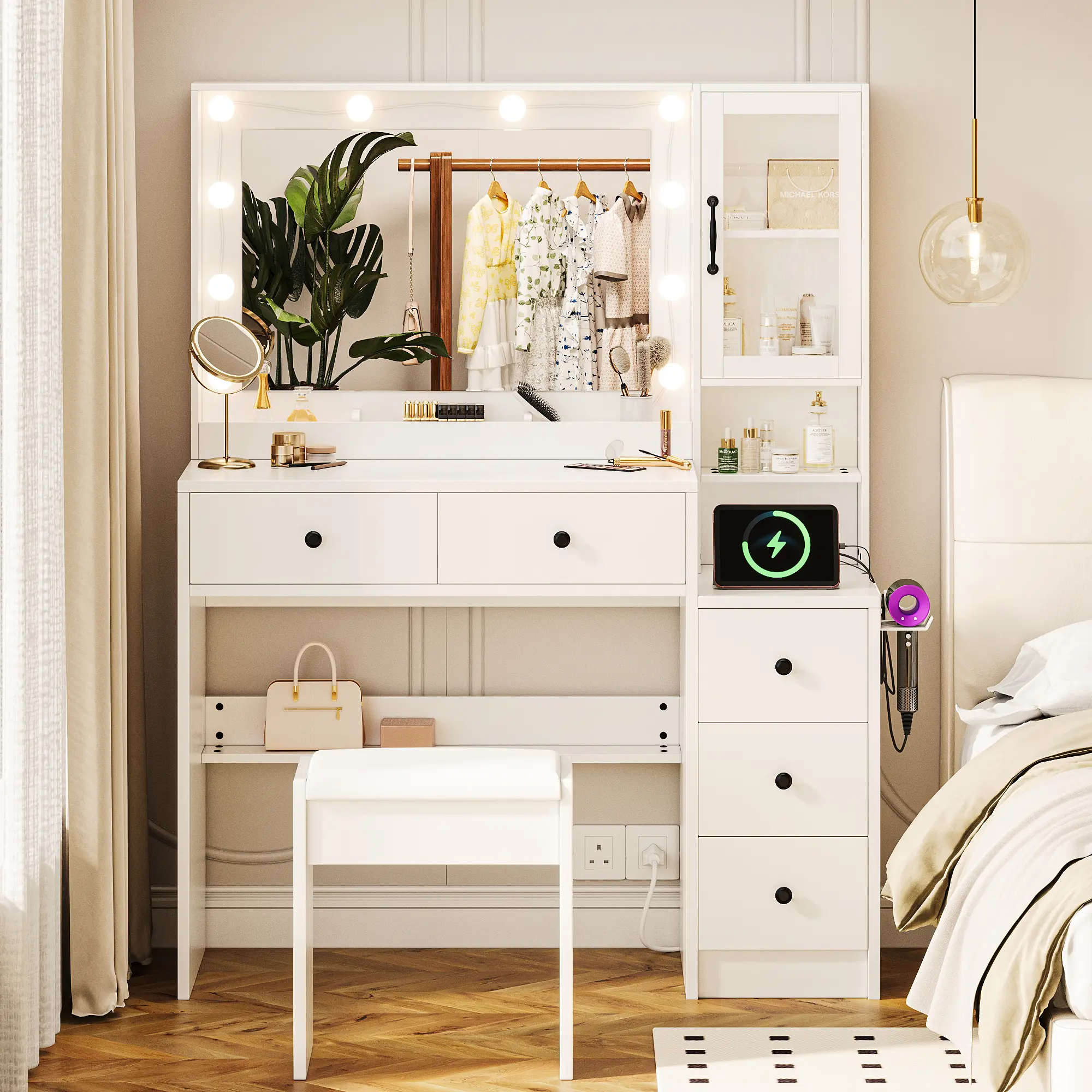 TOKSOM Vanity Desk with Mirror and Replaceable Lights Set with 5 Storage Drawers Power Outlet & Chair with RGB Ambient Light Adjustable Brightness for Girls Bedroom Large Corner Desk Vanity Makeup Vanity Desk vanity mirror