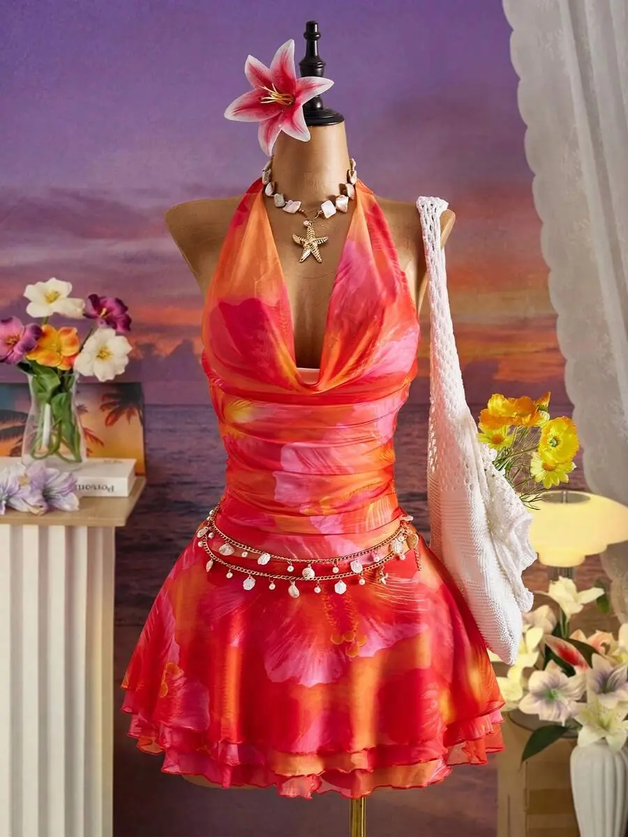 HERMIA Spring/Summer Women's Fashion Sexy Printed Dress - Plunging Neckline Design - Waist Cinching Ruched Design - Ruffle Hem Design - Vacation - Beach