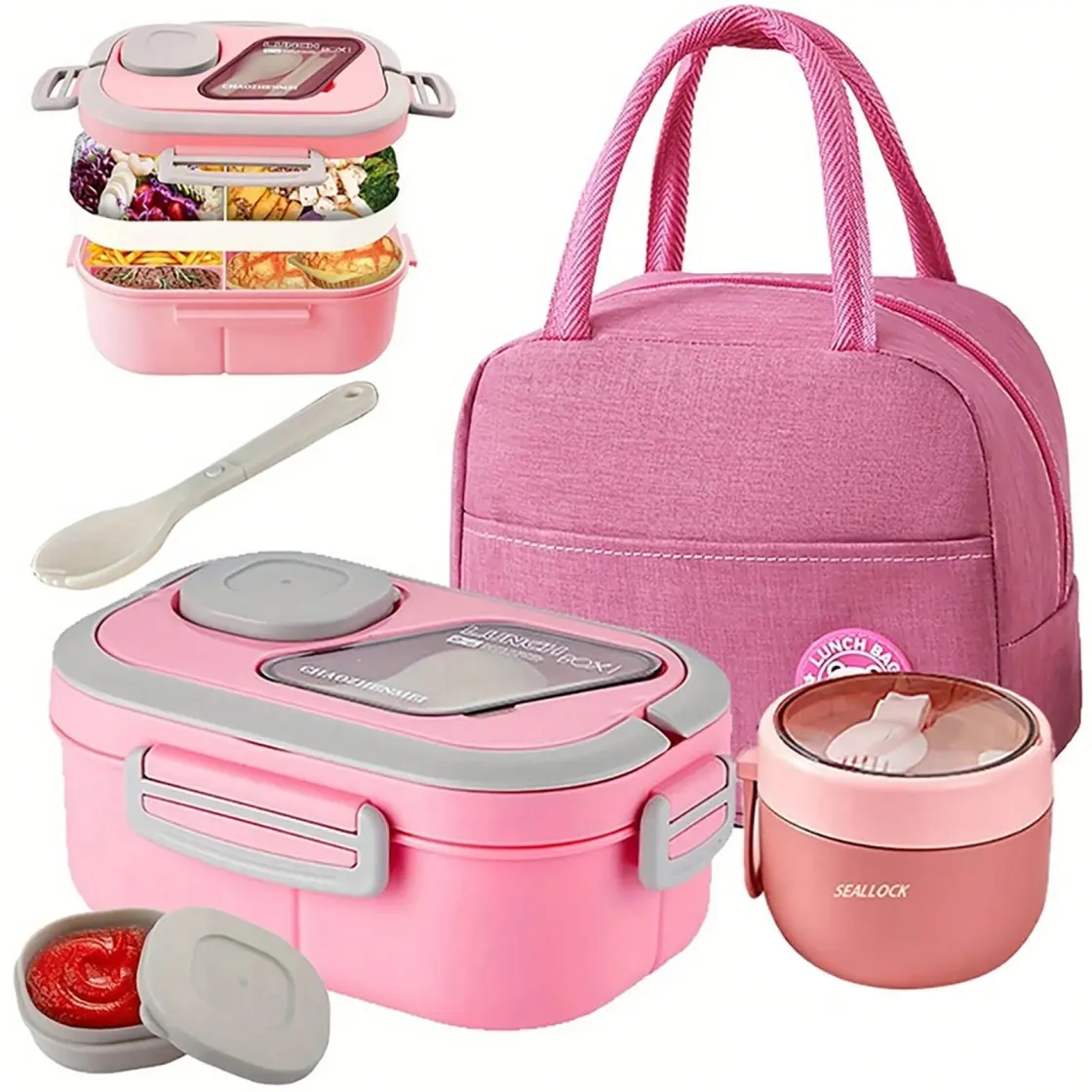 2-layer multi-compartment lunch box set: lunch box + cup + bag. Lunch set with cutlery and sauce box. Microwave safe, suitable for school, work, outdoor lunch box Bpa Free Plastic lunch box Microwavable Bento Box