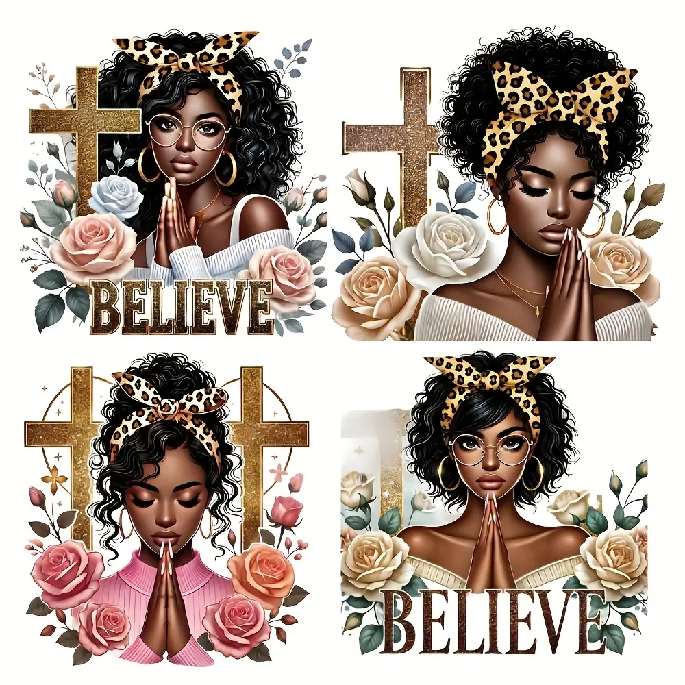 4pcs Black Woman Prayer & Cross Flower Iron-On Patches - Durable, Washable Vinyl Heat Transfer Decals for T-Shirts, Jeans, Backpacks, Handmade Embellishments, Accessories, DIY Craft Decor