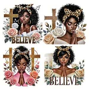 4pcs Black Woman Prayer & Cross Flower Iron-On Patches - Durable, Washable Vinyl Heat Transfer Decals for T-Shirts, Jeans, Backpacks