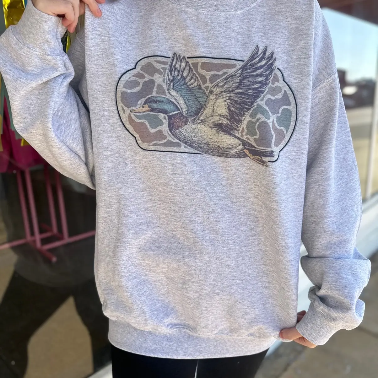 Camo Flying Mallard Duck Old School Camo Oversized Print Crewneck Sweatshirt