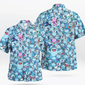 Anime MudkipBlue Hawaiian Shirt, Tropical Anime Aloha Shirt, Cute Kawaii Sleepy Cartoon Shirt, Unisex Summer Vacation Shirt, Streetwear Outfit | Cool Summer Anime Vibes for Men & Fans