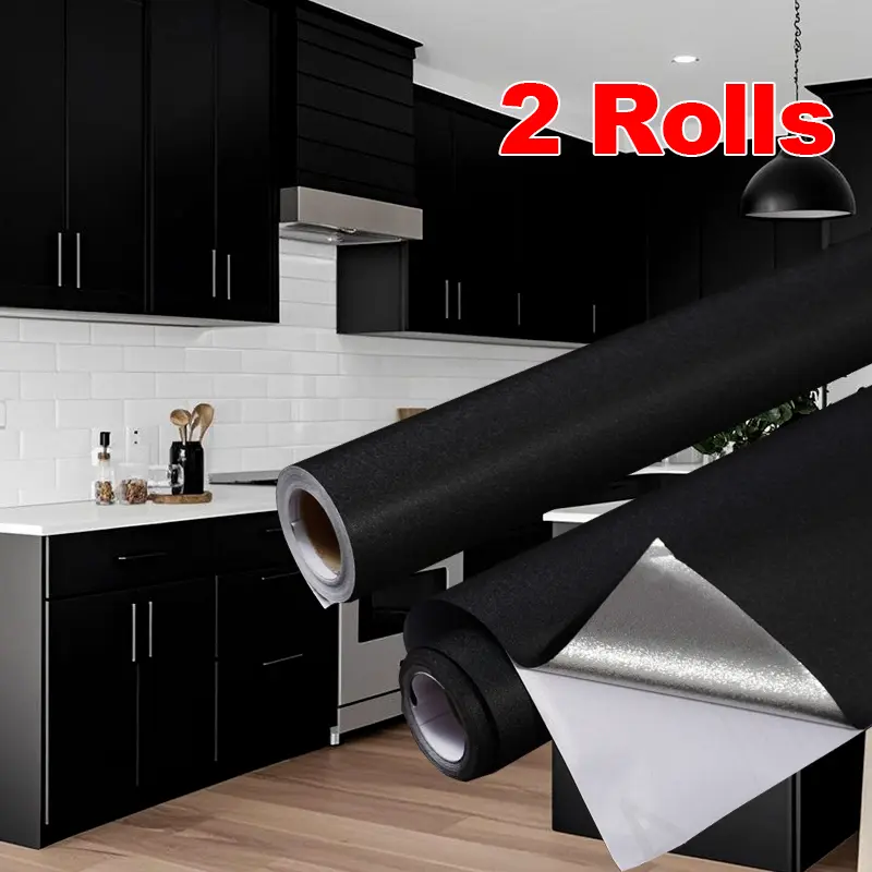 [2Rolls]Pure Solid Black Self-Adhesive Wallpaper, Matte Black Peel and Stick Decor Paper, Renter Friendly, Easy to Cut, Ideal for Bedroom, Shelf and Furniture Makeover