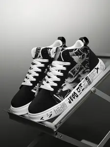 Men's Graffiti High Top Sneakers, Street Style Casual Shoes, Newspaper Print Thick Sole Canvas Shoes, Student Versatile Running Shoes