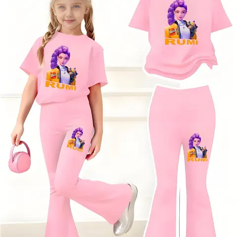 Girls' Kpop Print 2-Piece Set, Graphic Print Set, Summer Clothes Set, Summer Clothing Set, Casual Sporty Short Sleeve Top & Bell Bottom Pants, Comfortable Elastic Waist, Spring Summer, Fashion Set, Set Outfit