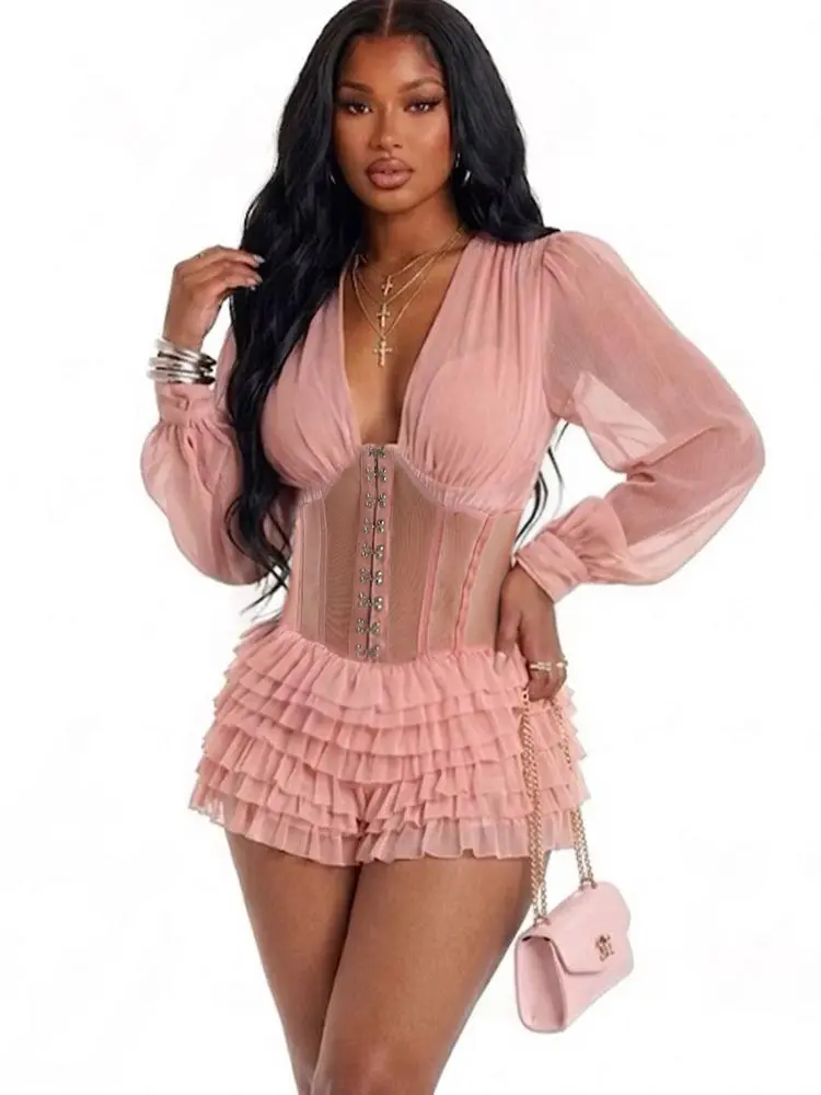 Women's Solid Sheer Mesh Romper - Fairy Aesthetic Corset Piece with Plunge V-Neck, Tiered Ruffles & Lantern Sleeves for a Statement Birthday Look, Vibe, Cocktail, Polyester, Party, Longsleeves