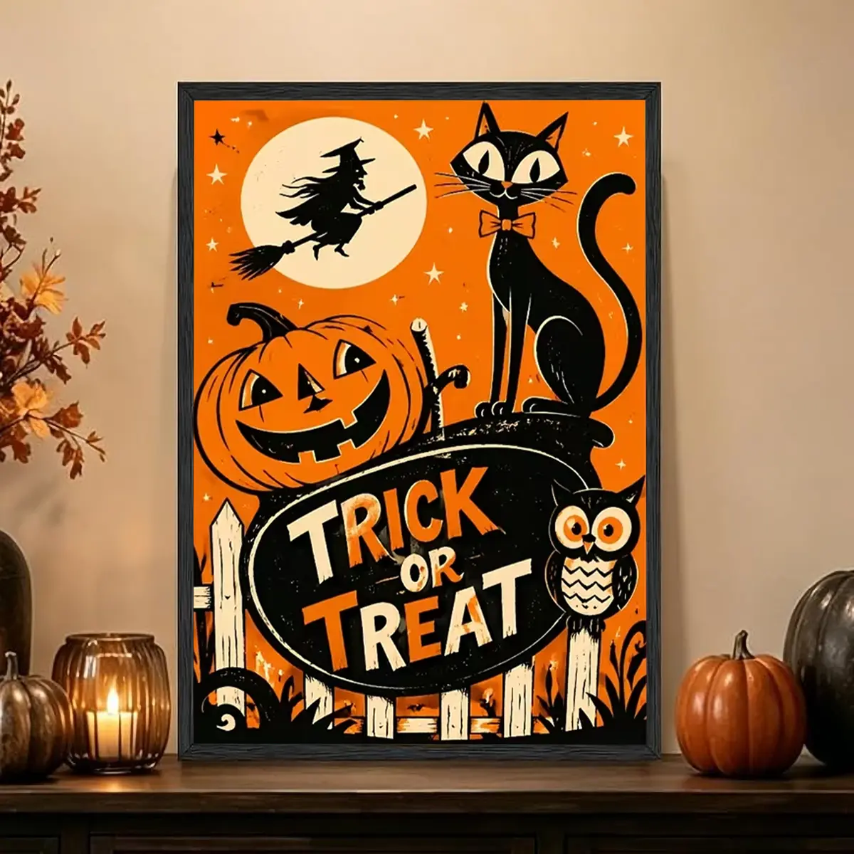 Vintage Halloween 1-Piece Wall Art Canvas Poster - 2D Flat Print with Halloween Motifs (Black Cat, Witch, Pumpkin, Owl, Full Moon), Lightweight High-Density Home Decor, Colorfast Ink, Farmhouse Bedroom Gift, One-Piece