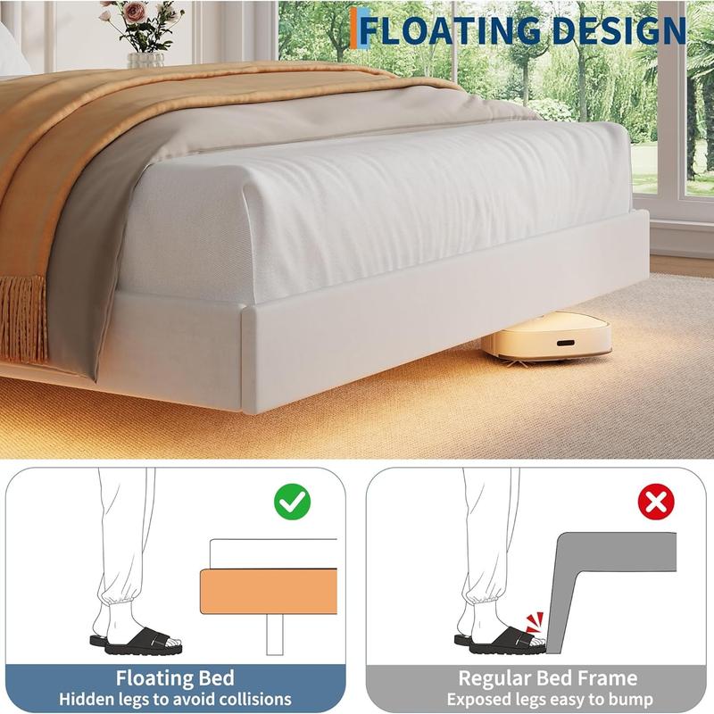 Upholstered Bed Frame with LED Lights & Storage Headboard, Floating Look, No Box Spring Needed