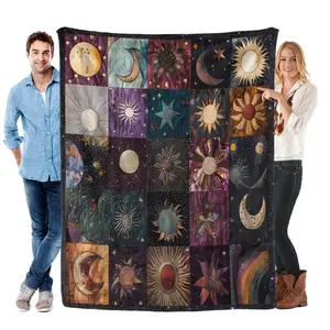 Celestial Sun Moon Star Patchwork Flannel Throw Blanket Vintage Boho Astrology Print Ultra Soft Cozy Warm Blanket For Adults Men Women Sofa Bed Bedroom Living Room Witchy Home Decor Birthday Gifts Viral 2026