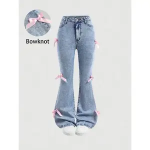 Artful4-Cute Pink Bowknot Decor High Waist Flare Denim Jeans Womenswear Bottom Chic Everyday Seamless Style(Sheet)
