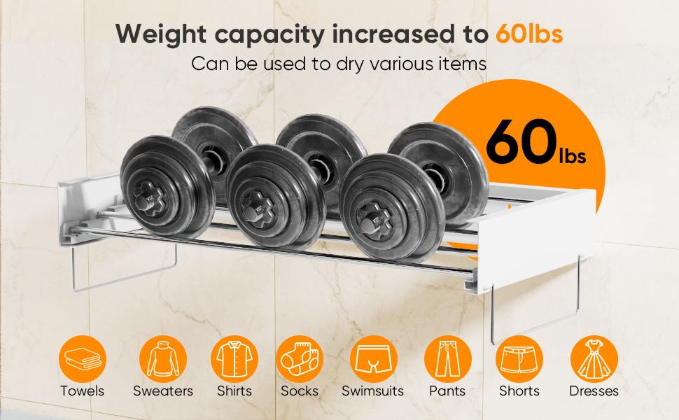 Wall-mounted clothes drying rack, foldable clothes rack, foldable hanger, with 2 towel racks and wall template, suitable for hanging clothes indoors and outdoors, 5 rods