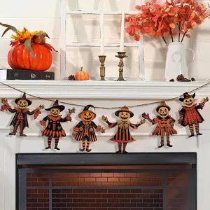6 Piece Vintage Halloween Wooden Banner, Witch and Pumpkin Wall Decor, and Stripes, Perfect for Parties and Home Decoration, Party Decor Supplies