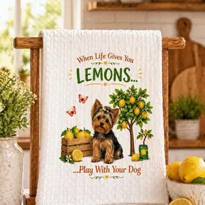 Yorkshire Terrier When Life Gives You Lemons Tea Towel - Waffle Weave Microfiber kitchen Towel