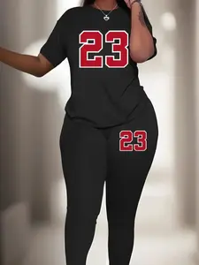 【Plus Size】 Two-Piece Set Figure Print Tee & Skinny Pants Set, Casual Fashion Set Round Neck Short Sleeve T-shirt & Trousers, Women's Outfits for Spring & Fall, Womenswear