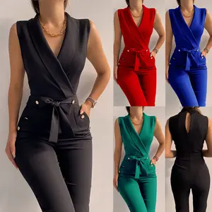 Women's Spring or Summer Turn-down Collar Sleeveless Slim Fit Jumpsuit for Fashionable Wear Chic Black