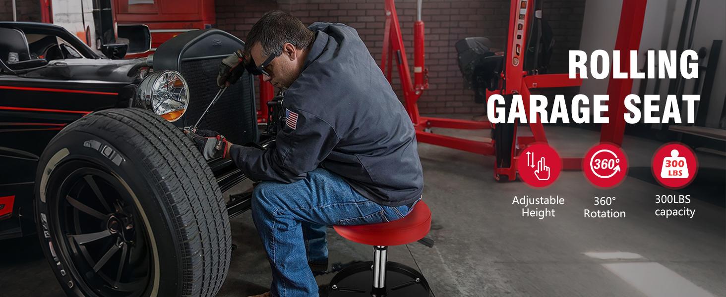 PowerSmart 360° Rolling Mechanic Stool with Tool Tray, Adjustable 15-20 Inches, 300 lbs Capacity, Comfortable & Durable for Garage/Shop Use(PS1101)