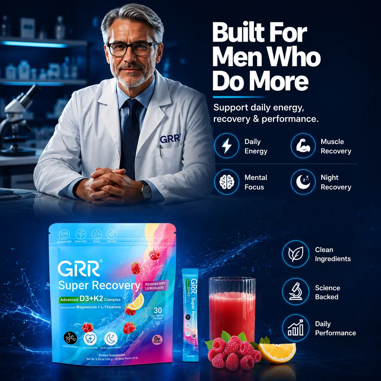 GRR Super Recovery  Daily Performance & Recovery Formula with Vitamin D3 K2, Magnesium Glycinate & L-Theanine | Energy, Focus & Wellness Support | 30 Stick Packs