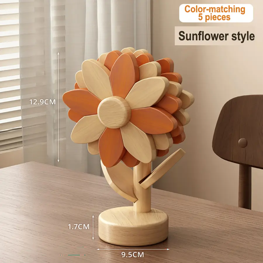 Wooden sunflower placemat set (5 pieces), table decoration, corrosion-resistant and heat-resistant