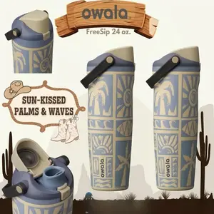 Owala FreeSip 24oz Sun Kissed Palms Waves Insulated Stainless Steel Water Bottle with Straw Lid Western Beach Travel Tumbler