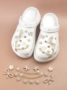 14-Piece Pearl Crystal Bow Golden Shoe Decor Set, Elegant Little Flower Detachable DIY Fashion Accessories With Chains, Perfect For Sandals & Garden Shoes, Holiday Gift Choice, Rhinestone Shoes Charms