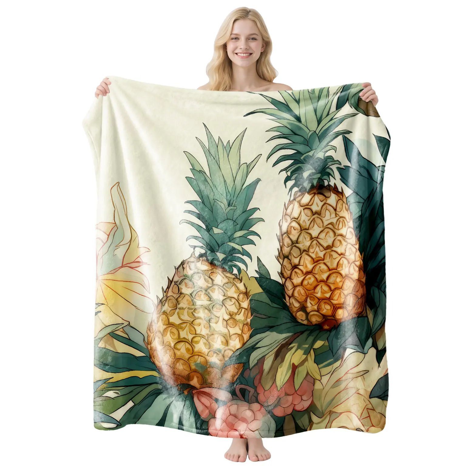 Aesthetic Watercolor Pineapple Blanket Hand-Painted Tropical Leaf Fruit Design Summer Home Decor