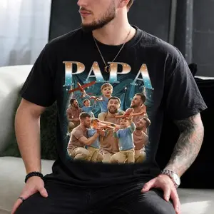 Personalized Custom Papa Photo Collage Graphic T-Shirt For Men Fathers And Grandpas Retro 90s Vintage Bootleg Rap Tee Aesthetic Black Cotton Apparel Best Father's Day Gift Idea Or Birthday Present With Custom Dad Photo