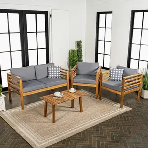 JONATHAN Y Thom 4-Piece Mid-Century Modern Acacia Wood Outdoor Patio Set with Cushions and Plaid Decorative Pillows
