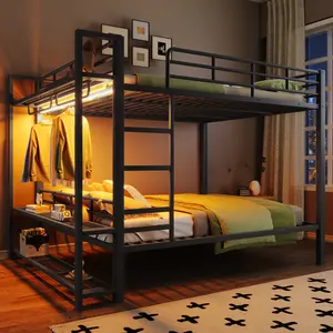 Queen over Queen Bunk Bed Heavy-Duty Metal Bunk Bed Frame with Storage Mesh Shelves and Clothes Hooks,LED Light, Noise Free, Black