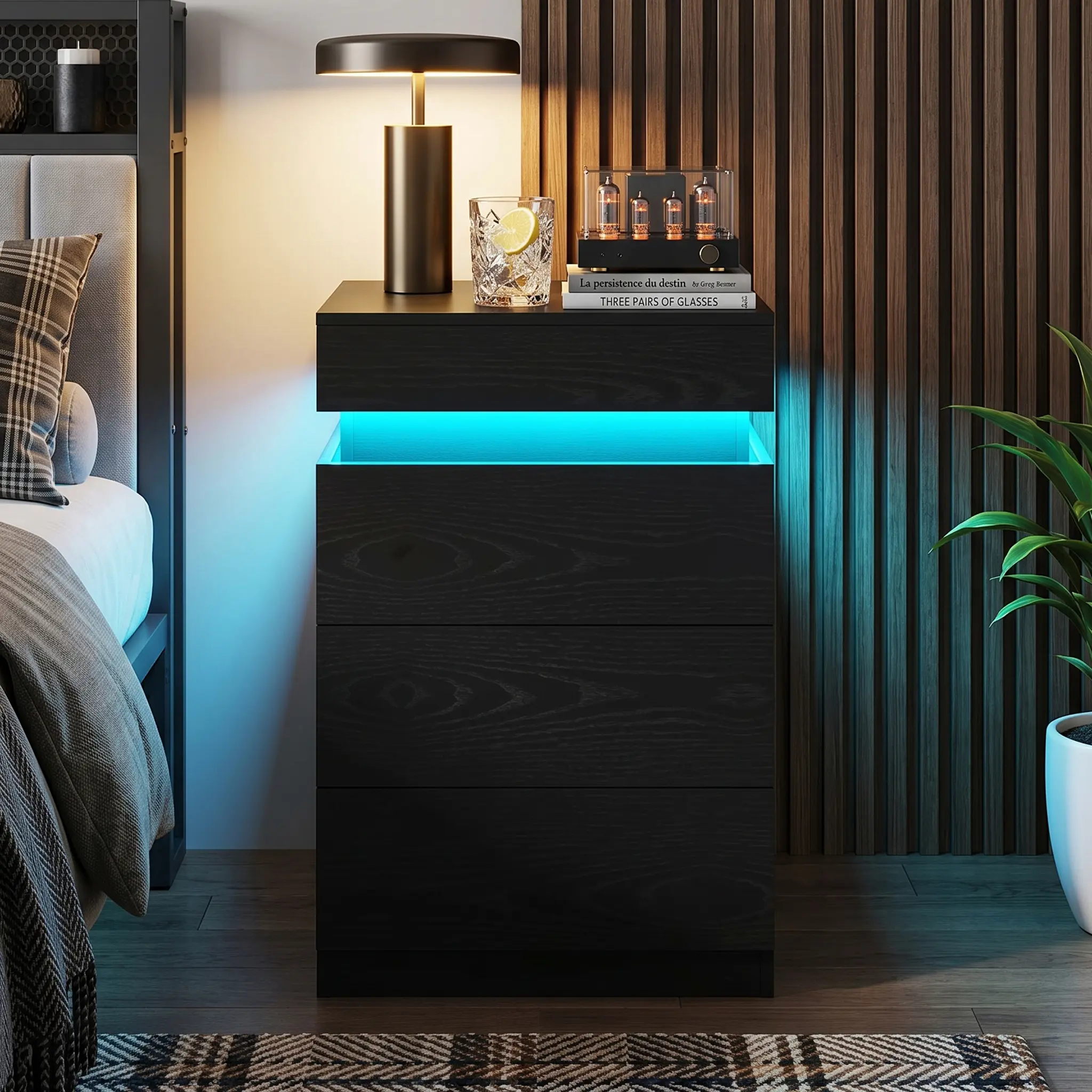 Black Nightstand - Modern Narrow LED Bedside Table with Charging Station, LED Lights, Sliding Top, 3 Drawers for Bedroom Small Spaces