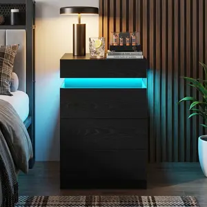 Modern Nightstand with Charging Station and LED Lights, Night Stand with Sliding Top & 3 Drawers, Bedside Table for Bedroom