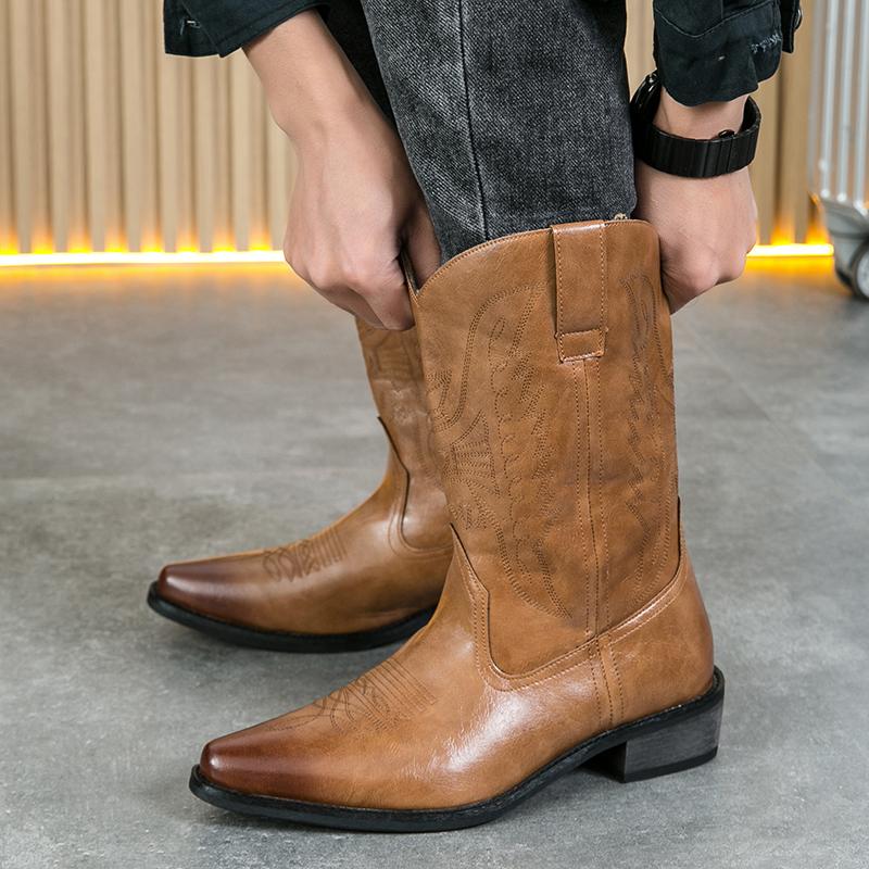 2025 Fall & Winter Mens High-top Vintage Pointed-toe Cowboy Boots - Anti-skid Slip On Shoes with PU Upper and Rubber Sole for Outdoor Horse Riding and Country Style - Comfortable PU Insole and Solid Color Design Footwear Closed